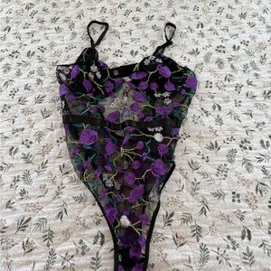 Beautiful Floral Embroidered Purple Lingerie Bodysuit Sexy Lace Valentines Day
